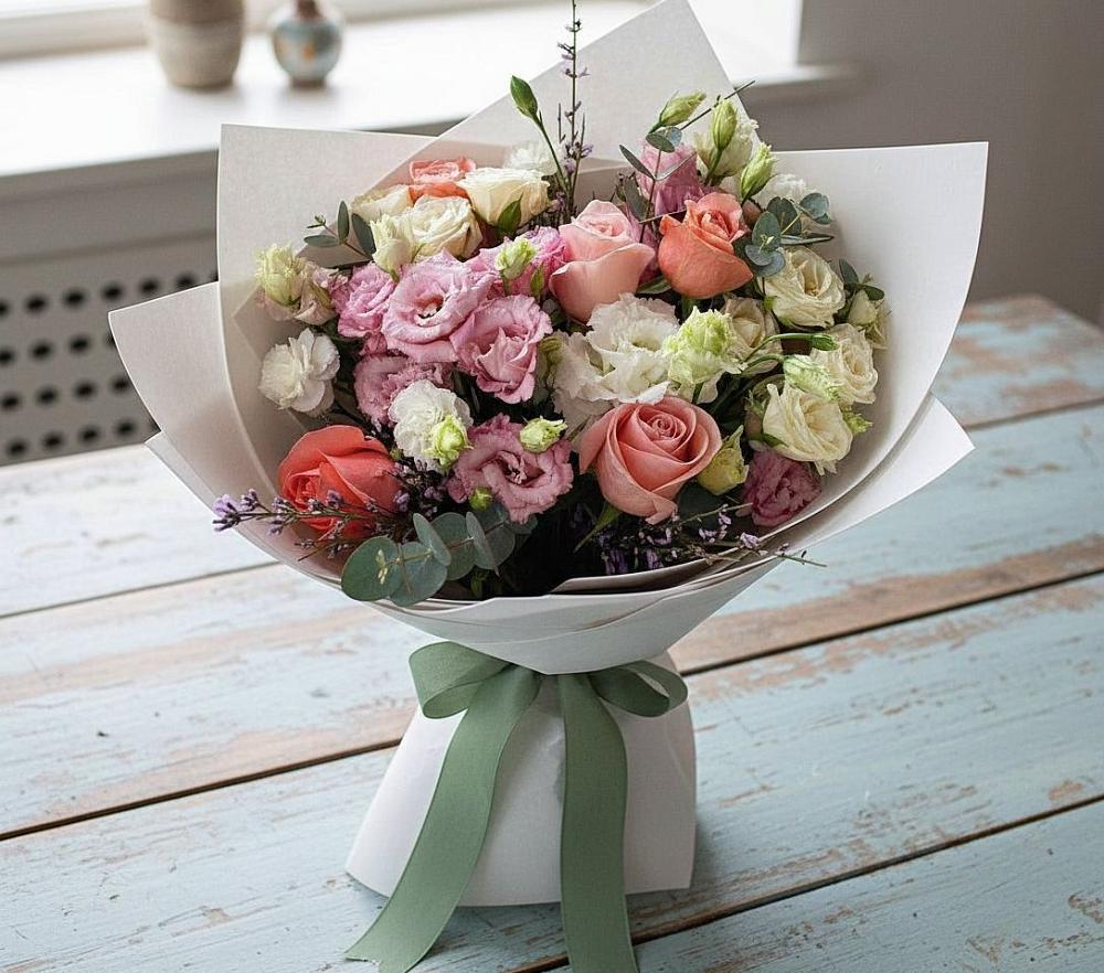 Букет цветов из: Розы, Лизиантусы и Гвоздики в Летней Ставке