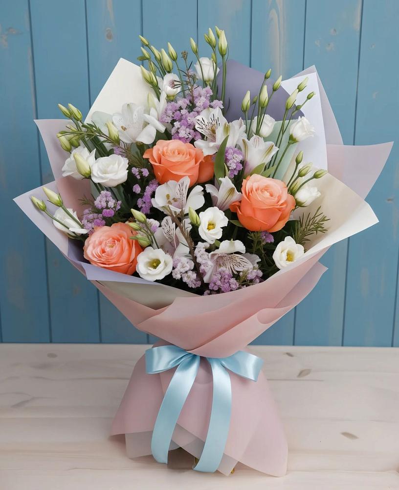 Букет цветов из: Лизиантусы, Розы, Альстромерии и Гипсофила в Летней Ставке