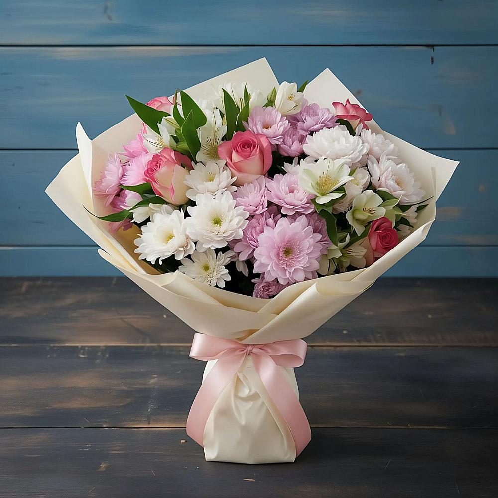 Букет цветов из: Хризантемы, Альстромерии и Розы в Летней Ставке